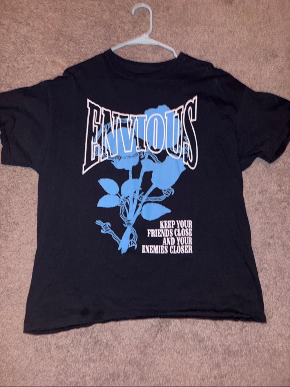 Envious Graphic Black T-Shirt with Blue Rose Print